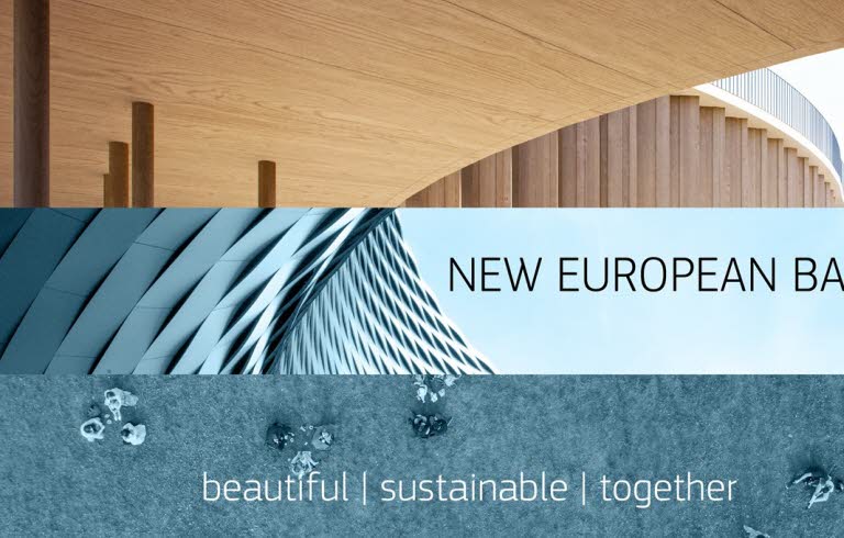 Collage med arkitektur, människor som sitter på gräs ovanifrån och texten New European Bauhaus.