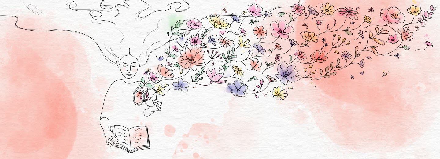 Illustration av läsande kvinna som öppnar en lucka i sitt hjärta. Väller ut blommor.