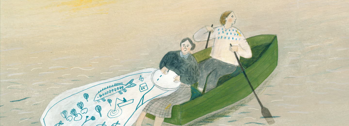 Book cover of "Vad är en flod" by Monika Vaicenaviciené. Two women are sitting in a green boat.