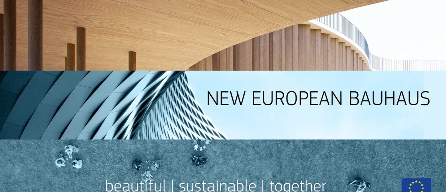 Collage med arkitektur, människor som sitter på gräs ovanifrån och texten New European Bauhaus.