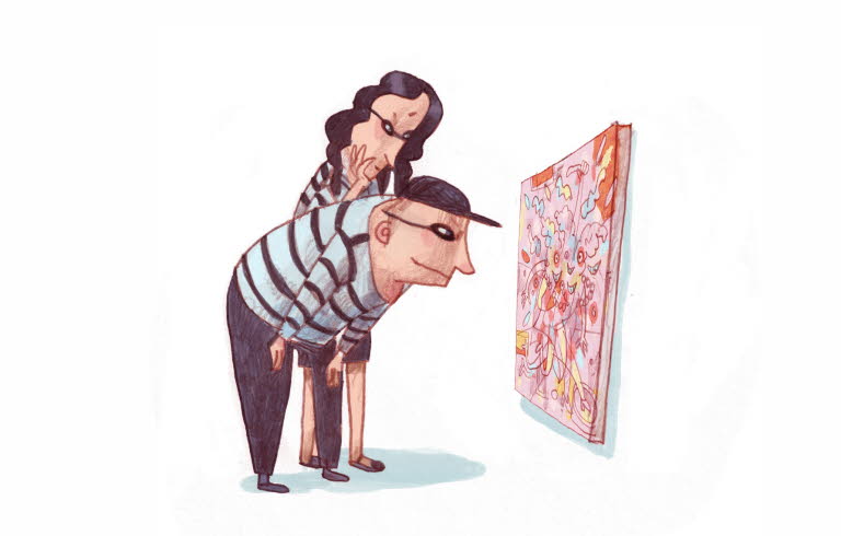From picture book, two thiefs are looking at a painting.