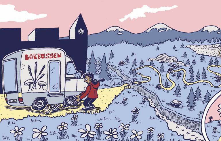 Illustration av en bokbuss i ett bergslandskap.