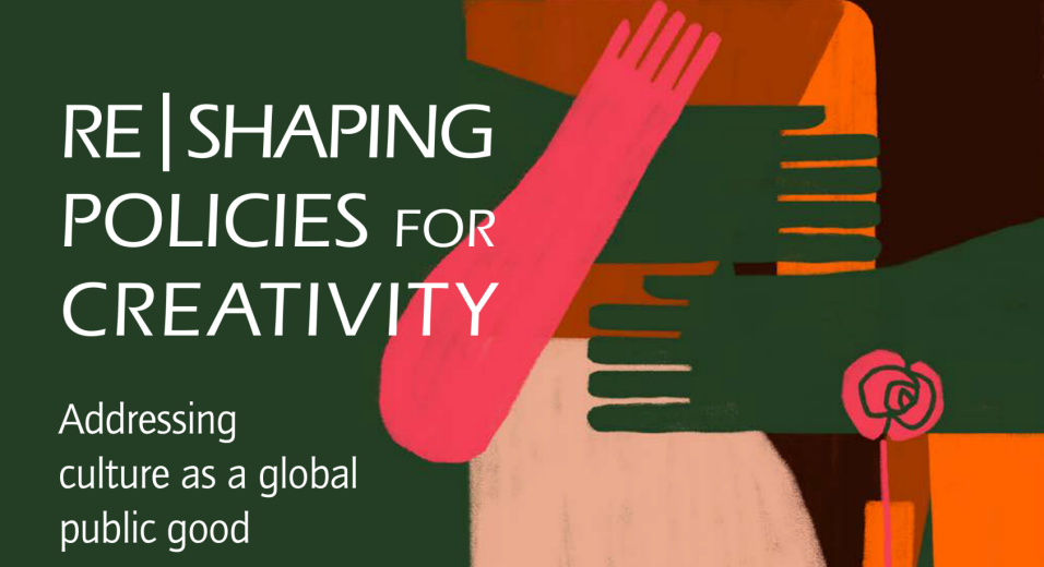 Omslagsbild för Global Report. Illustration av två människoliknande figurer i färgerna orange, rosa, grönt och svart som kramas. På omslaget står även titel och avsändare. 