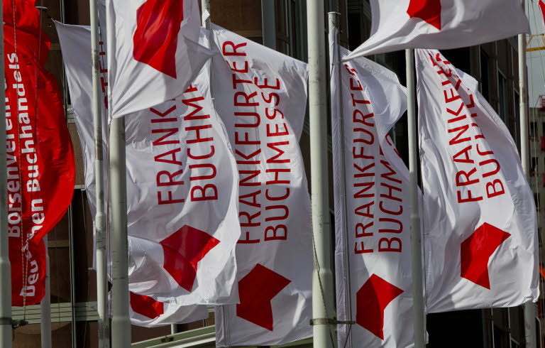 White flags with red text, Frankfurter Buchmesse.