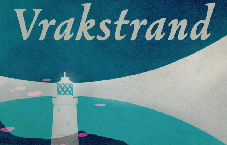 Book cover, Vrakstrand, blue and green illustration of the sea and a light house.