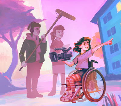 Illustration på tre ungdomar som spelar in en film. Fotografen sitter i en rullstol.