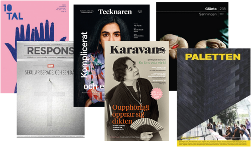 Sex kulturtidskrifter uppradade i två led. Några exemplar står omlott.