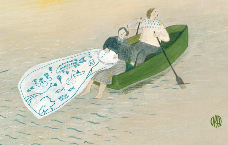 Book cover of "Vad är en flod" by Monika Vaicenaviciené. Two women are sitting in a green boat.