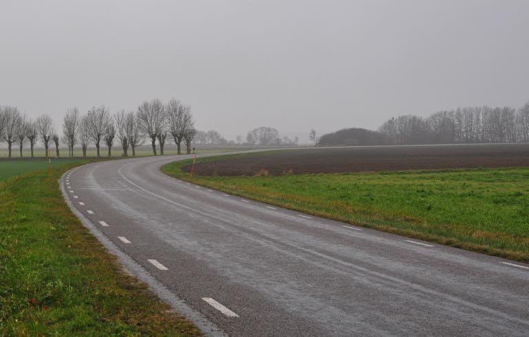 Landsväg i duggregn och dimma, Vallsten, Gotland.