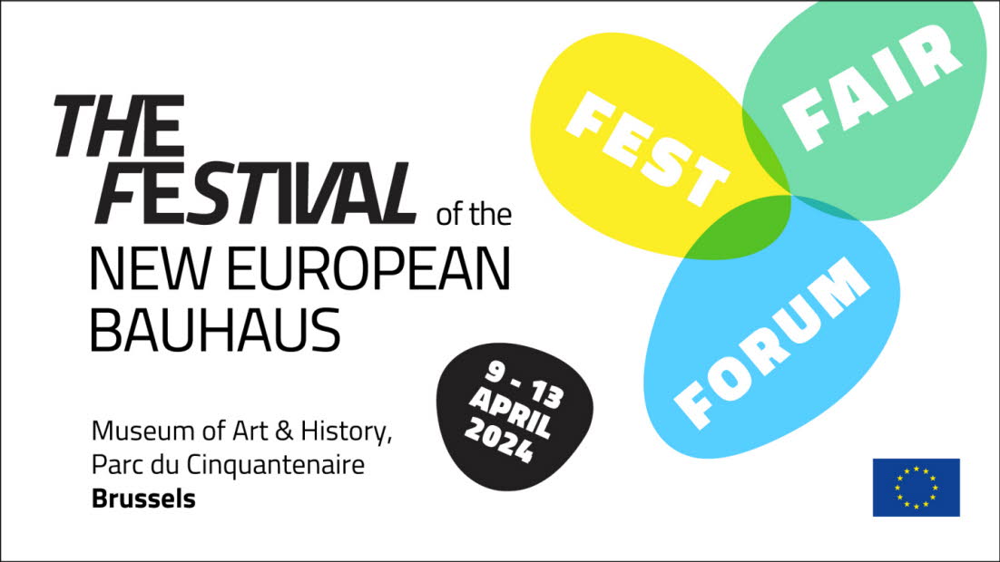 Affisch för festivalen. Text i gul, grön och blå bubbla där det står Fest, Fair och Forum..