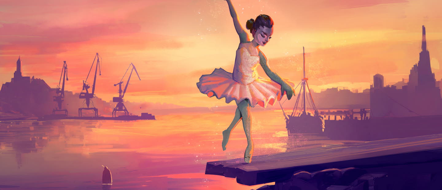 Ballerina dansar med hamn som bakgrund. Illustration.