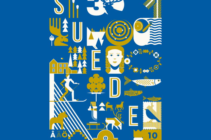 poster for the festival Les Boréales in Normandy. It's blue with Swedish symbols with the text "Suede".