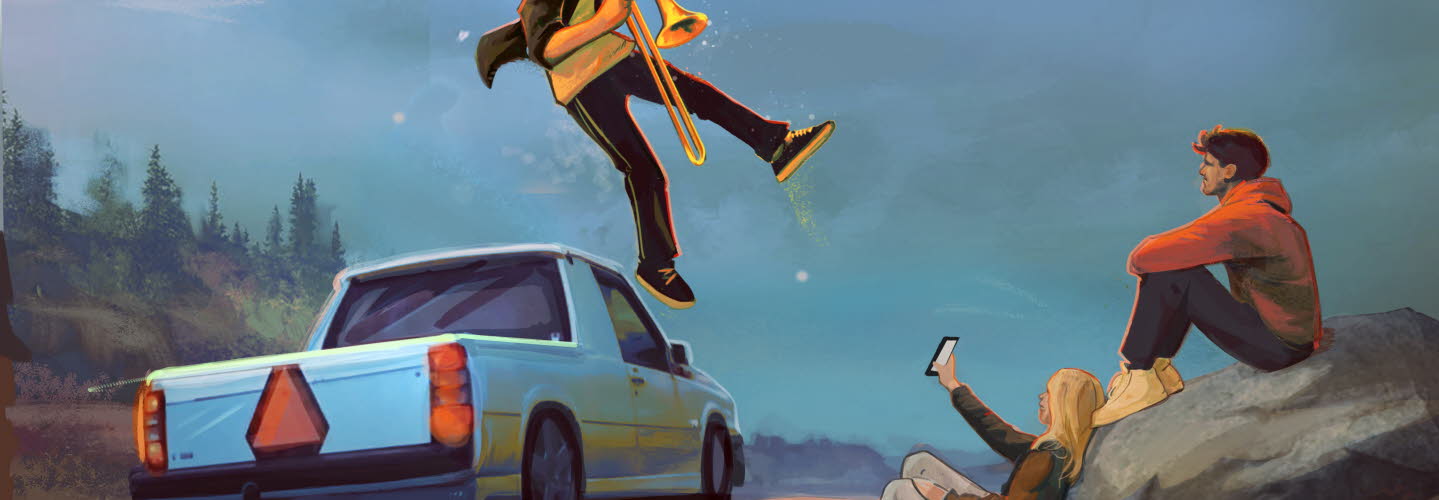 Pojke spelar trombon ovanför en EPA-traktor.