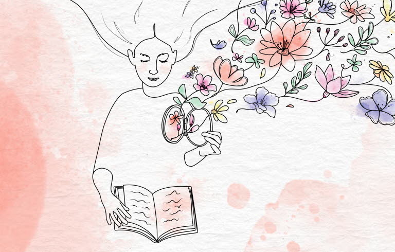 Illustration av läsande kvinna som öppnar en lucka i sitt hjärta. Väller ut blommor.