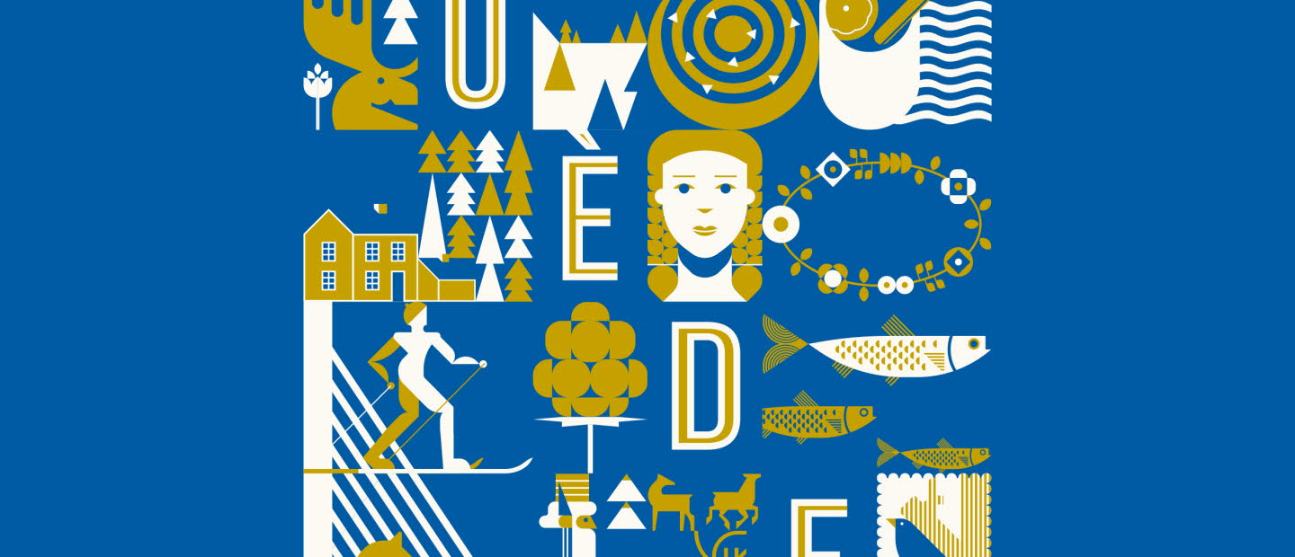 poster for the festival Les Boréales in Normandy. It's blue with Swedish symbols with the text "Suede".