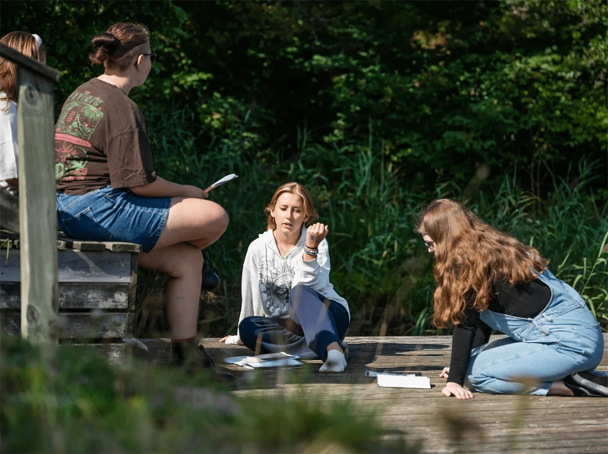 Ungdomar med böcker som sitter och pratar på ett trädäck.
