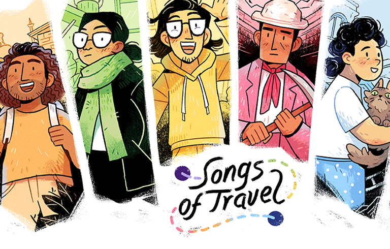 En färgglad serie-tecknad bild av sex personer, under personerna står texten: Songs of Travel..