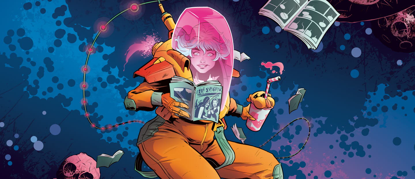 Tecknad kvinna som läser i rymden. Böcker flyger omkring.