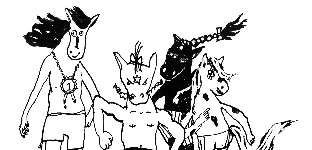 Running horses, illustration in black and white.