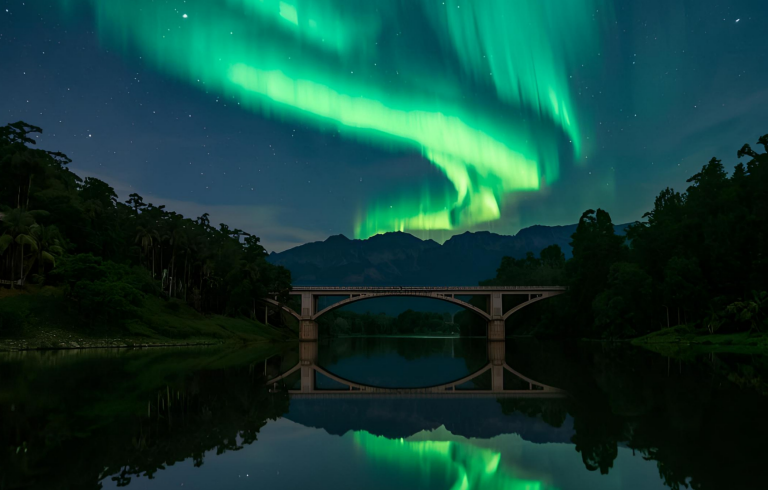 Siluett av bro flankerad av träd, vatten och himmel med morgonrodnad. 