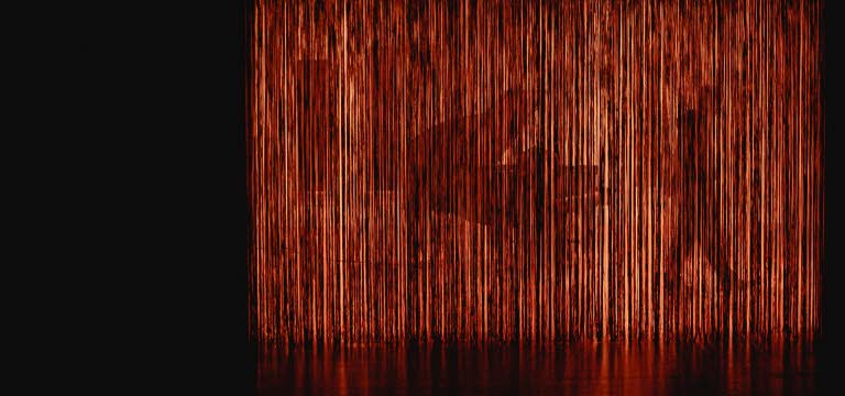 Silhuetten av en flygel och en gående person skymtar bakom ett upplyst tyg.