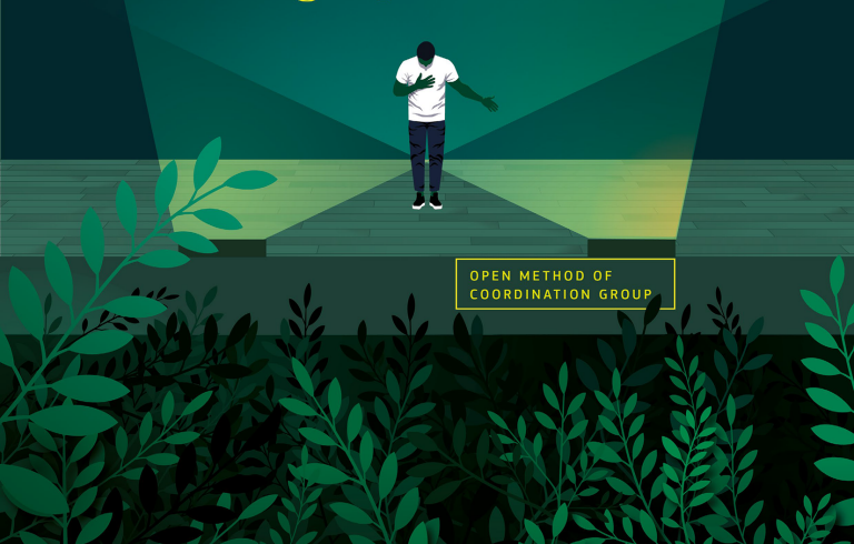 Grönt omslag med rubrik i vitt och gult, illustrerade löv i förgrunden.