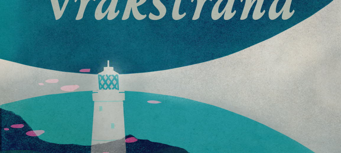 Book cover, Vrakstrand, blue and green illustration of the sea and a light house.
