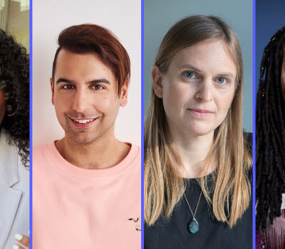 Montage of four people whom are all smiling and are looking towards the camera. 