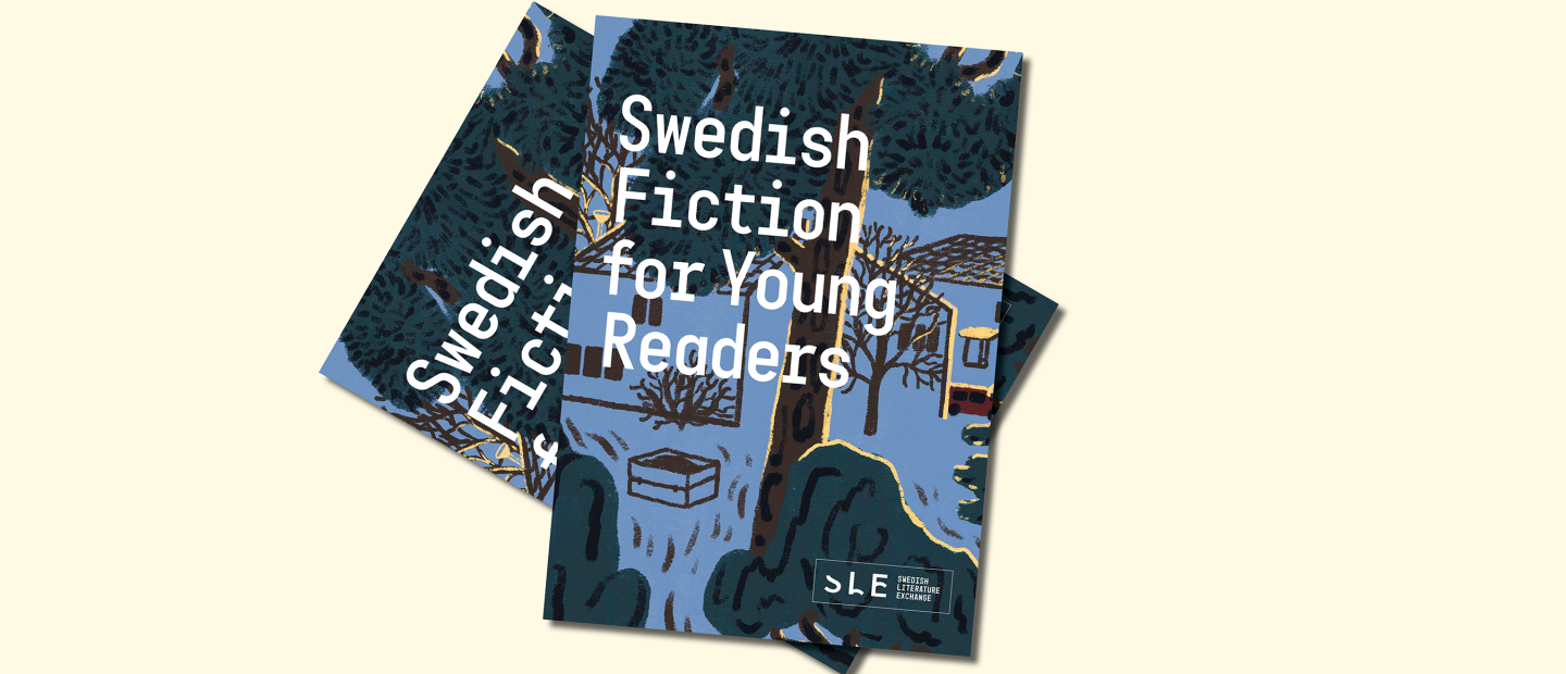 Publication cover, a drawing of a house with a tree in front of it. White text: Swedish Fiction for Young readers. 