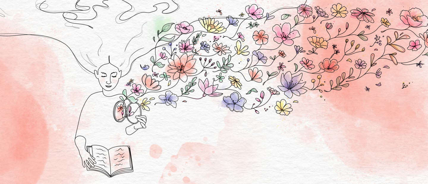 Illustration av läsande kvinna som öppnar en lucka i sitt hjärta. Väller ut blommor.