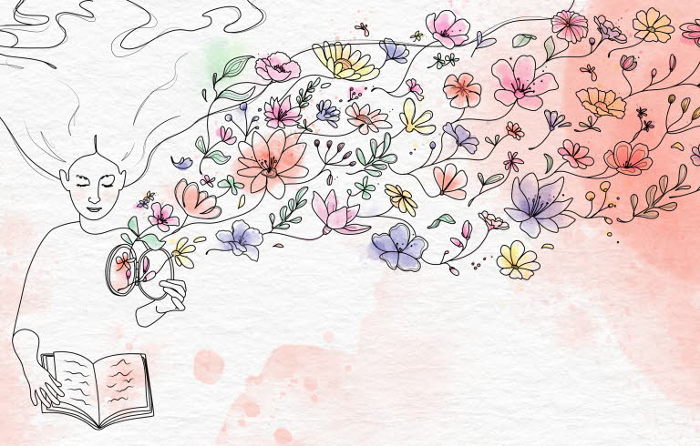 Illustration av läsande kvinna som öppnar en lucka i sitt hjärta. Väller ut blommor.