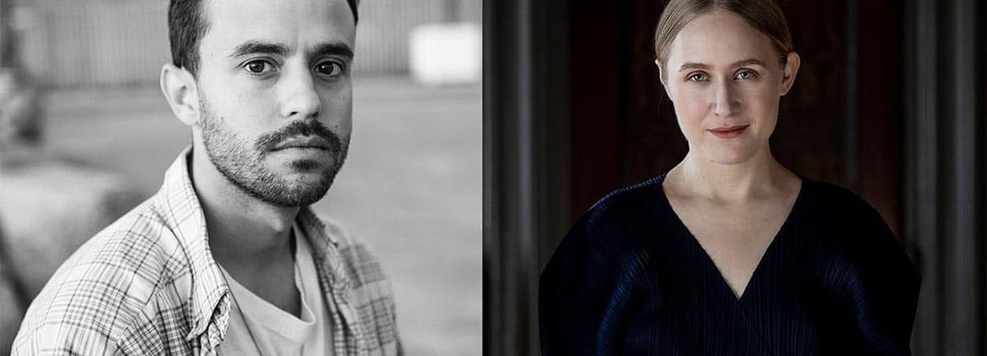 Montage of two authors, the one to the left is a black and white photo of a man in beard wearing a shirt. The one to the right is a woman in a black dress. Both are looking towards the camera. 