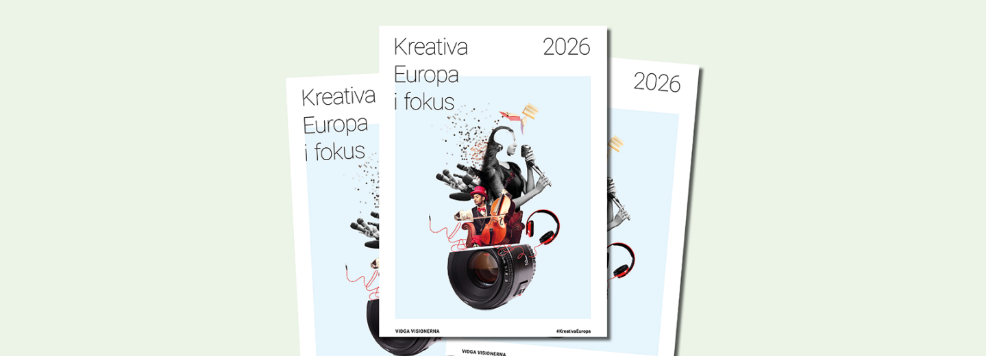 Omslagsbild, collage med en kvinna som sjunger, en man som spelar kontrabas och inslag som en kameralins, hörlurar och böcker.