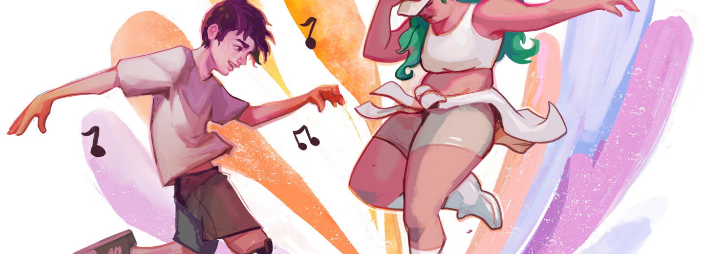 Illustration där kille och tjej dansar. Killen har en benprotes.