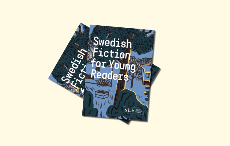Publication cover, a drawing of a house with a tree in front of it. White text: Swedish Fiction for Young readers. 