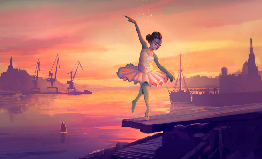 Ballerina dansar med hamn som bakgrund.