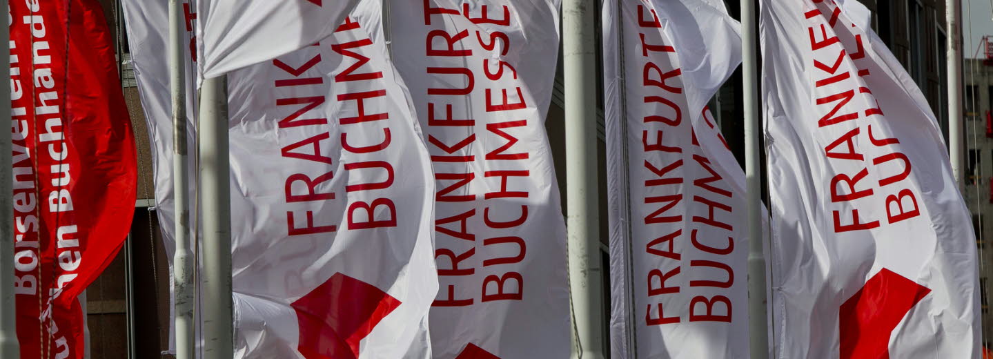White flags with red text, Frankfurter Buchmesse.