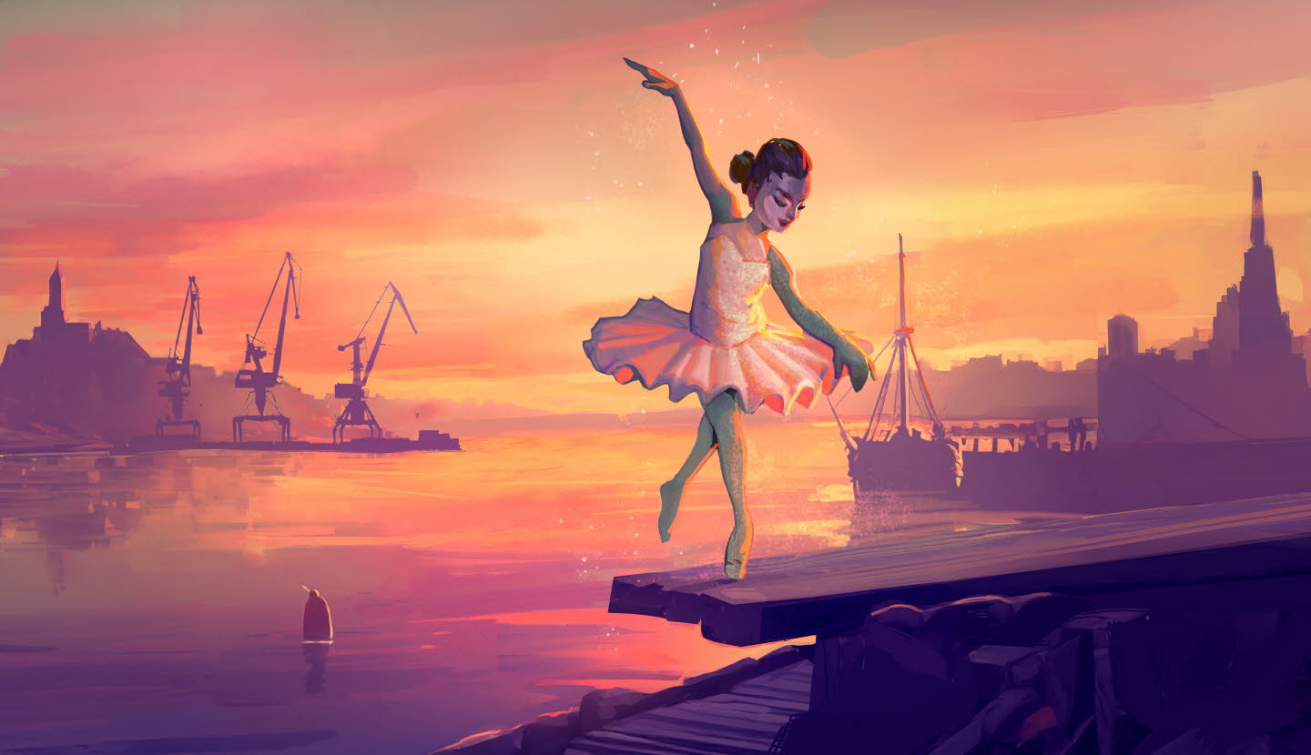 Ballerina dansar med hamn som bakgrund.