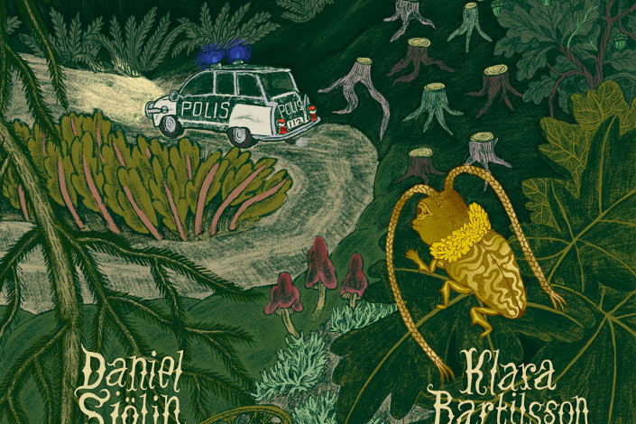Illustrated book cover, a police car is driving in a dark forest.