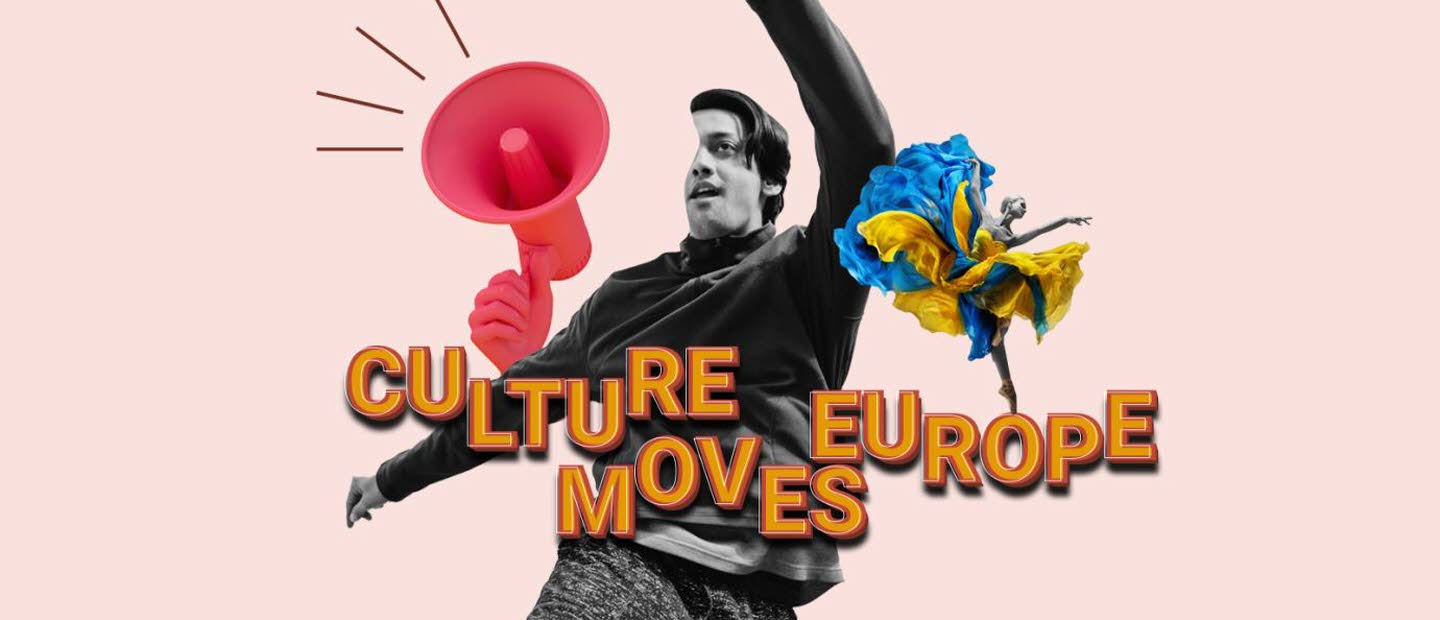 Collage med en man som ser ut att hoppa, rosa bakgrund, texten Culture Moves Europe i förgrunden.