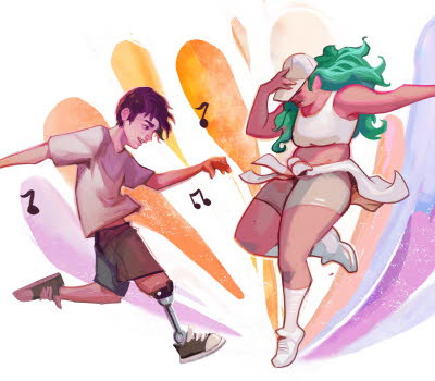 Illustration där kille och tjej dansar. Killen har en benprotes.