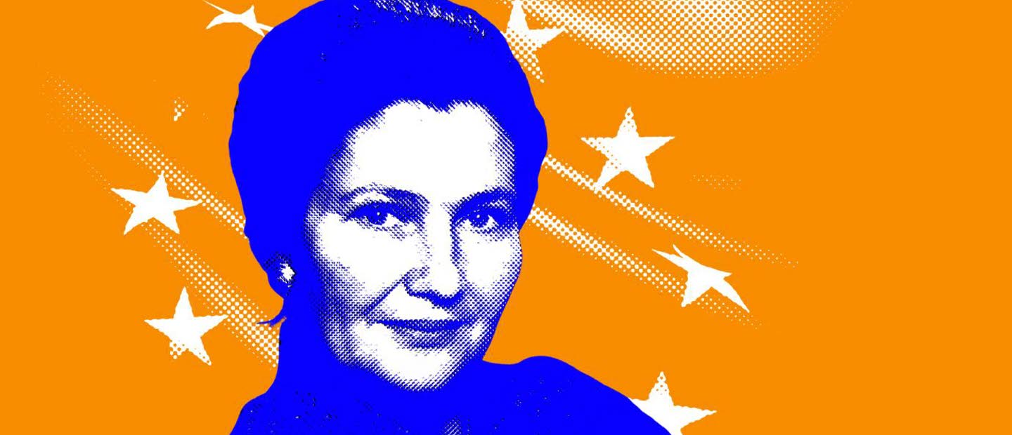 Simone Veil, blåtonat fotografi på orange bakgrund med EU:s stjärnor i vitt..  