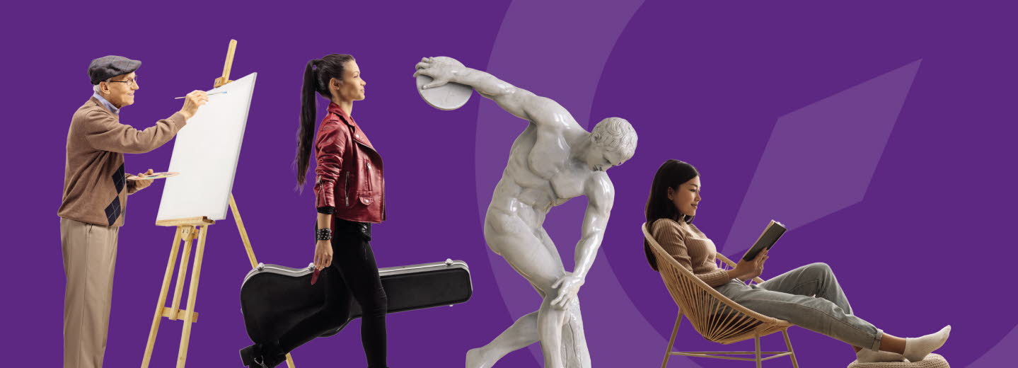 Omslagsbild med collage: en äldre man står och målar vid ett staffli, en kvinna går med en gitarr, foto av statyn Diskuskastaren, en kvinna sitter och läser.