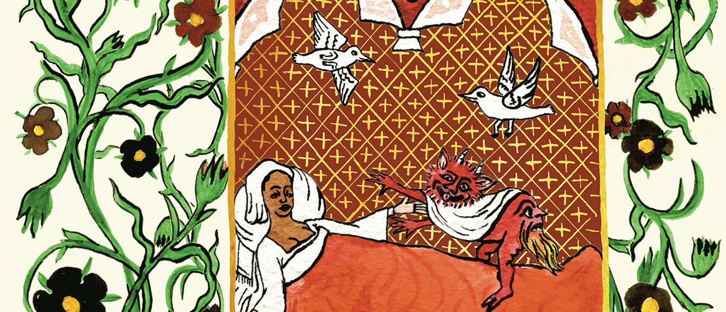 The book cover features an illustration inspired by the Middle Ages. It depicts a woman lying in bed with a red devil standing on the bedclothes and two white doves flying above her.