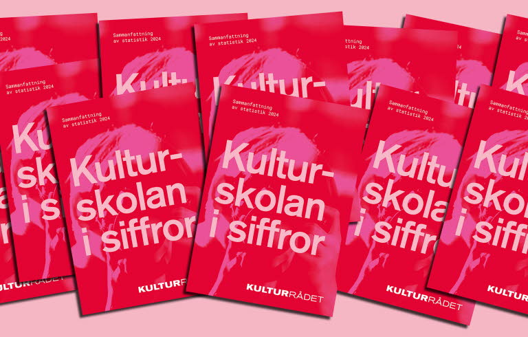 Kollage med upprepat motiv i form av rapportomslag i rött och rosa.