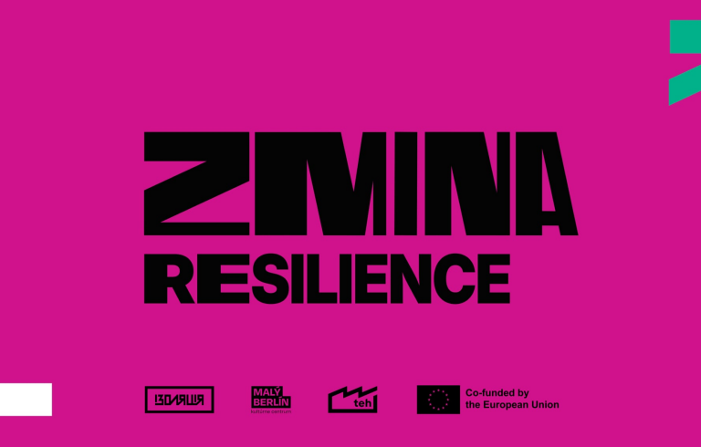 Svart text på ceriserosa bakgrund "Zmina resilence".