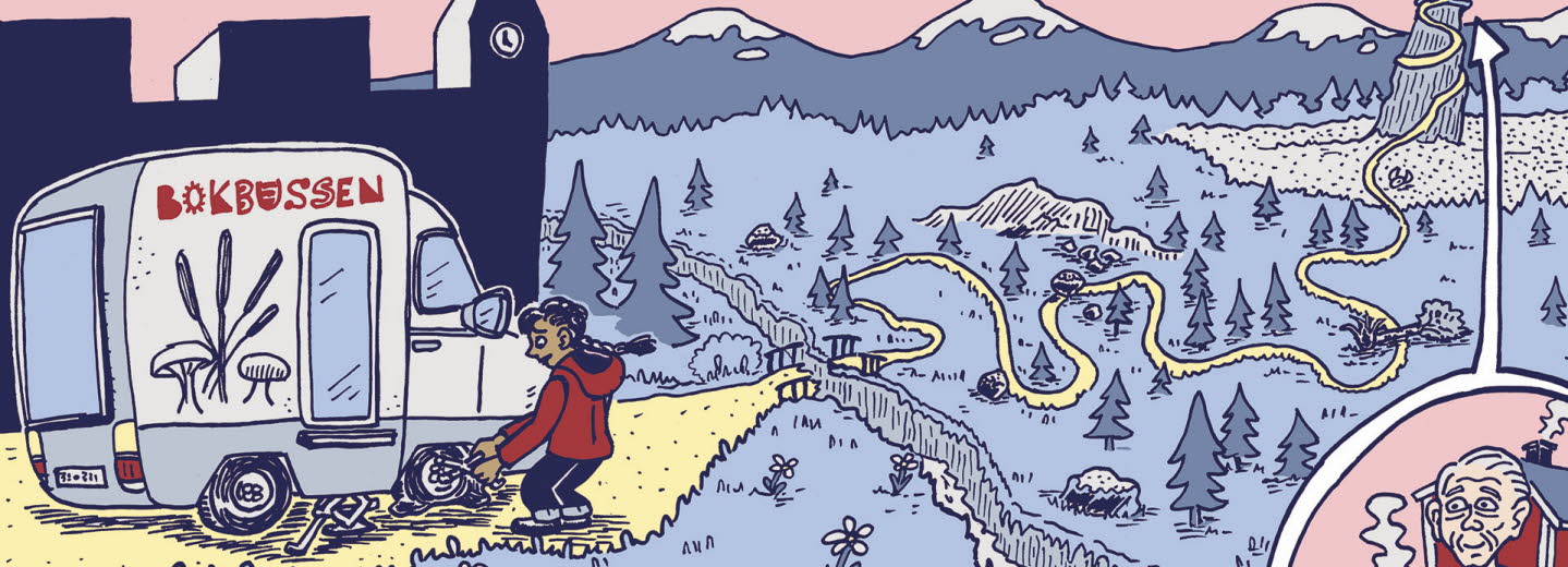 Illustration av en bokbuss i ett bergslandskap.