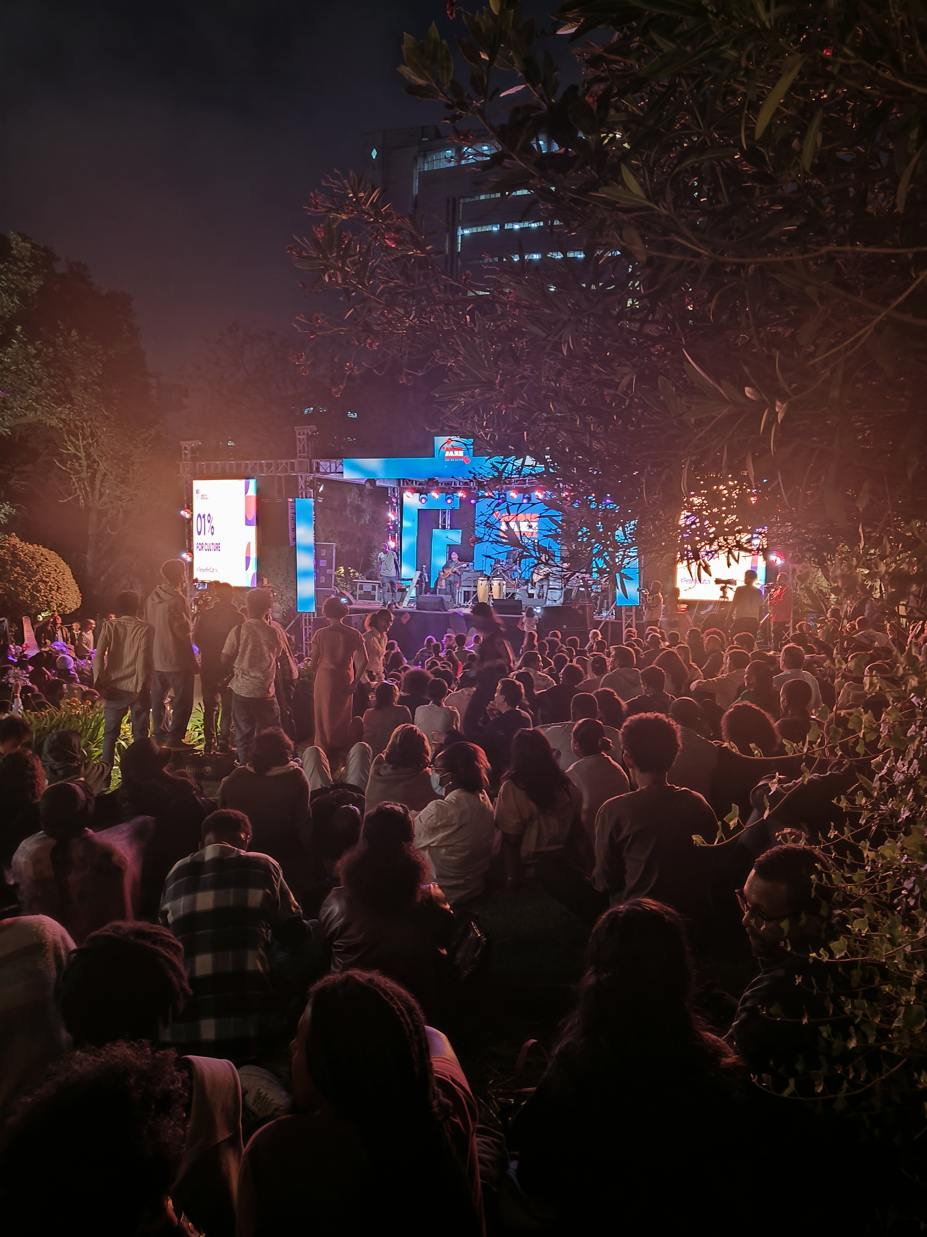Personer sitter och tittar p&aring; en jazzscen utomhus, det &auml;r kv&auml;ll och m&ouml;rkt bortsett fr&aring;n scenljuset.