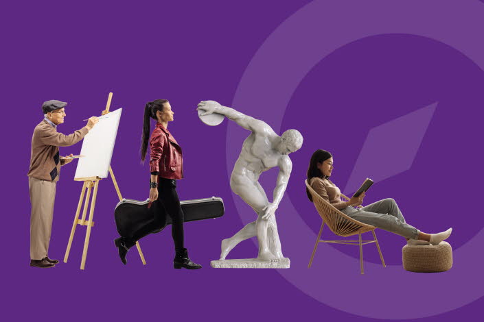 Omslagsbild med collage: en äldre man står och målar vid ett staffli, en kvinna går med en gitarr, foto av statyn Diskuskastaren, en kvinna sitter och läser.