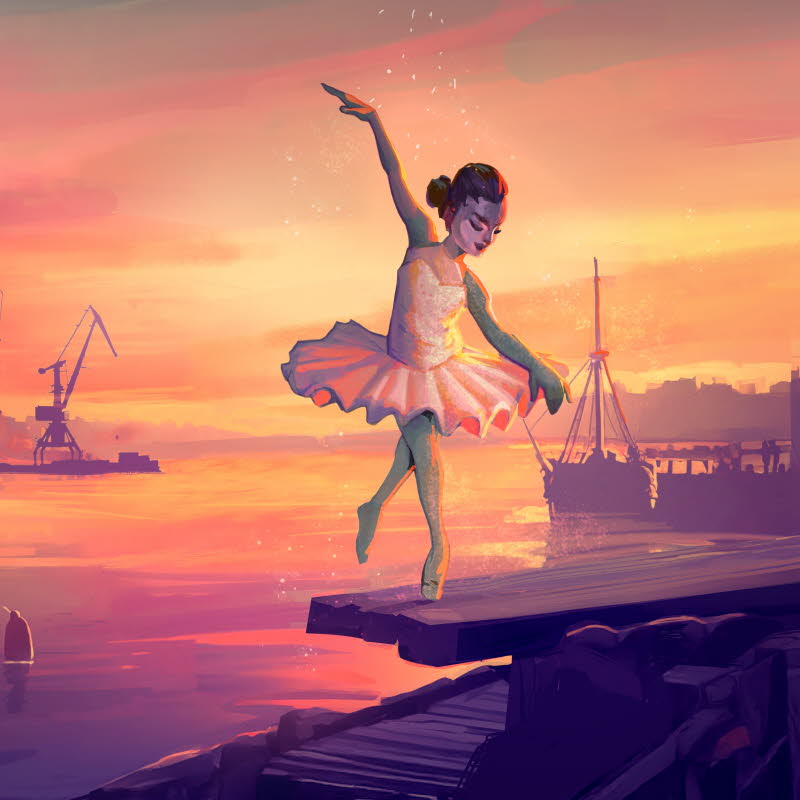 Ballerina dansar med hamn som bakgrund. Illustration.